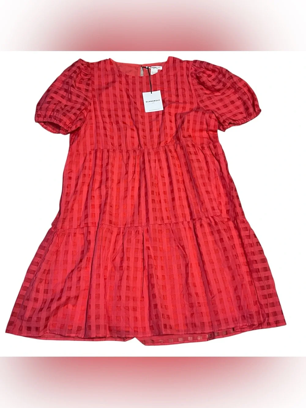 Glamorous Curve Red Gingham Check Puff Sleeve Tiered Smock Mini Dress US 14